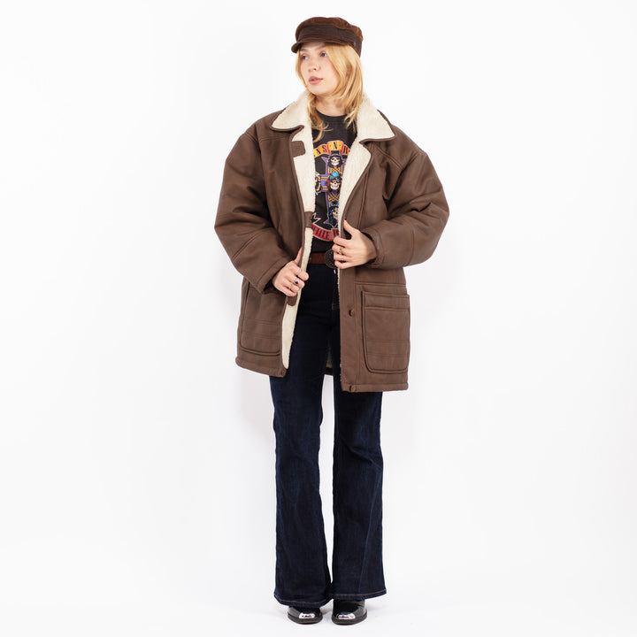 Vintage 90's Women Faux Sheepskin Coat in Brown