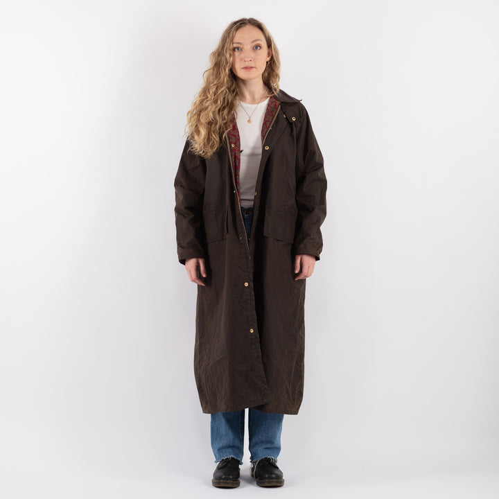 Vintage 80's Women Waxed Cotton Long Coat in Brown (šujas, atstāt draftos) - NorthernGrip