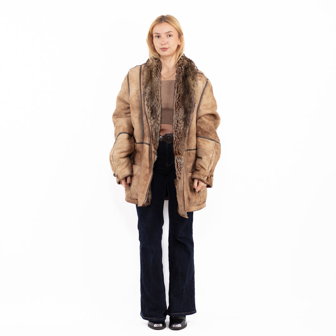 Vintage 80's Penny Lane Sheepskin Coat in Beige Brown