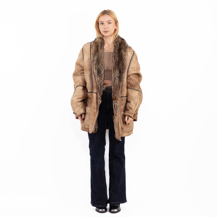 Vintage 80's Penny Lane Sheepskin Coat in Beige Brown