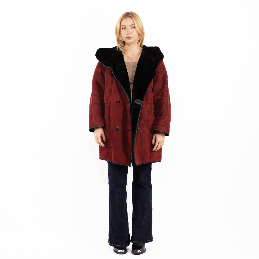Vintage 90's Women Hooded Sheepskin Coat in Red