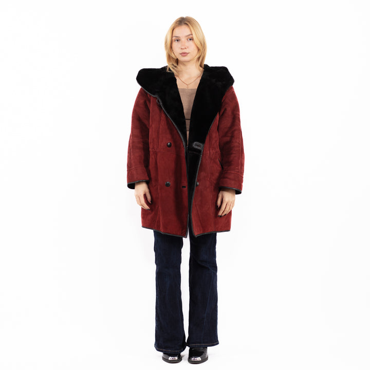 Vintage 90's Women Hooded Sheepskin Coat in Red