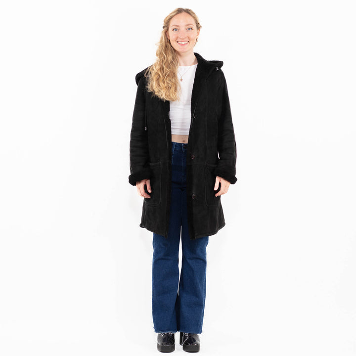 Vintage 90's Women Sheepskin Coat in Black