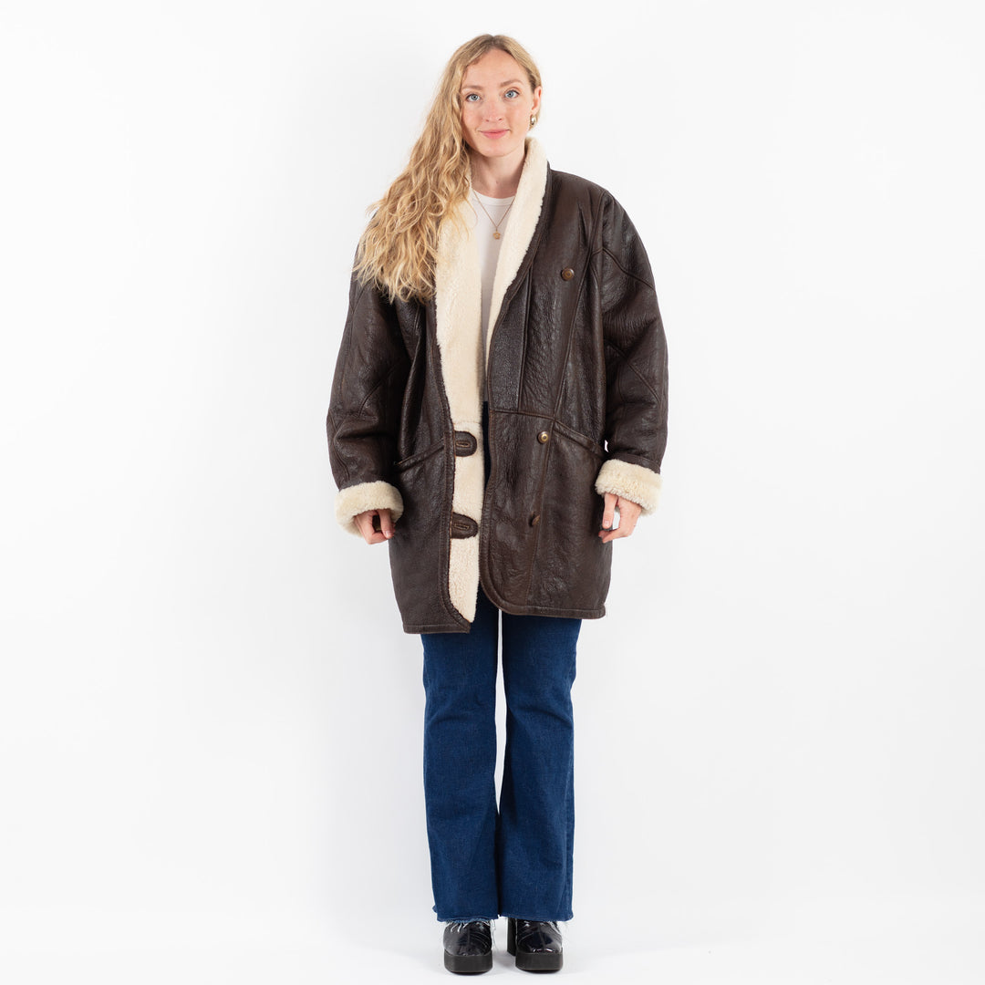 Vintage 80's Women Sheepskin Shearling Coat in BrownV9859