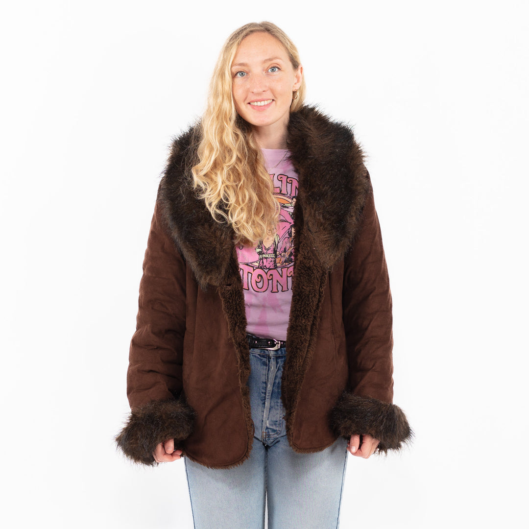 Vintage 90's Women Faux Sheepskin Jacket in BrownA0510
