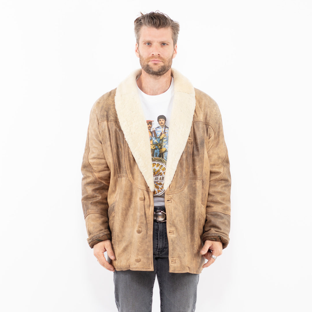 Vintage 90's Men Leather Coat in BeigeZ1926