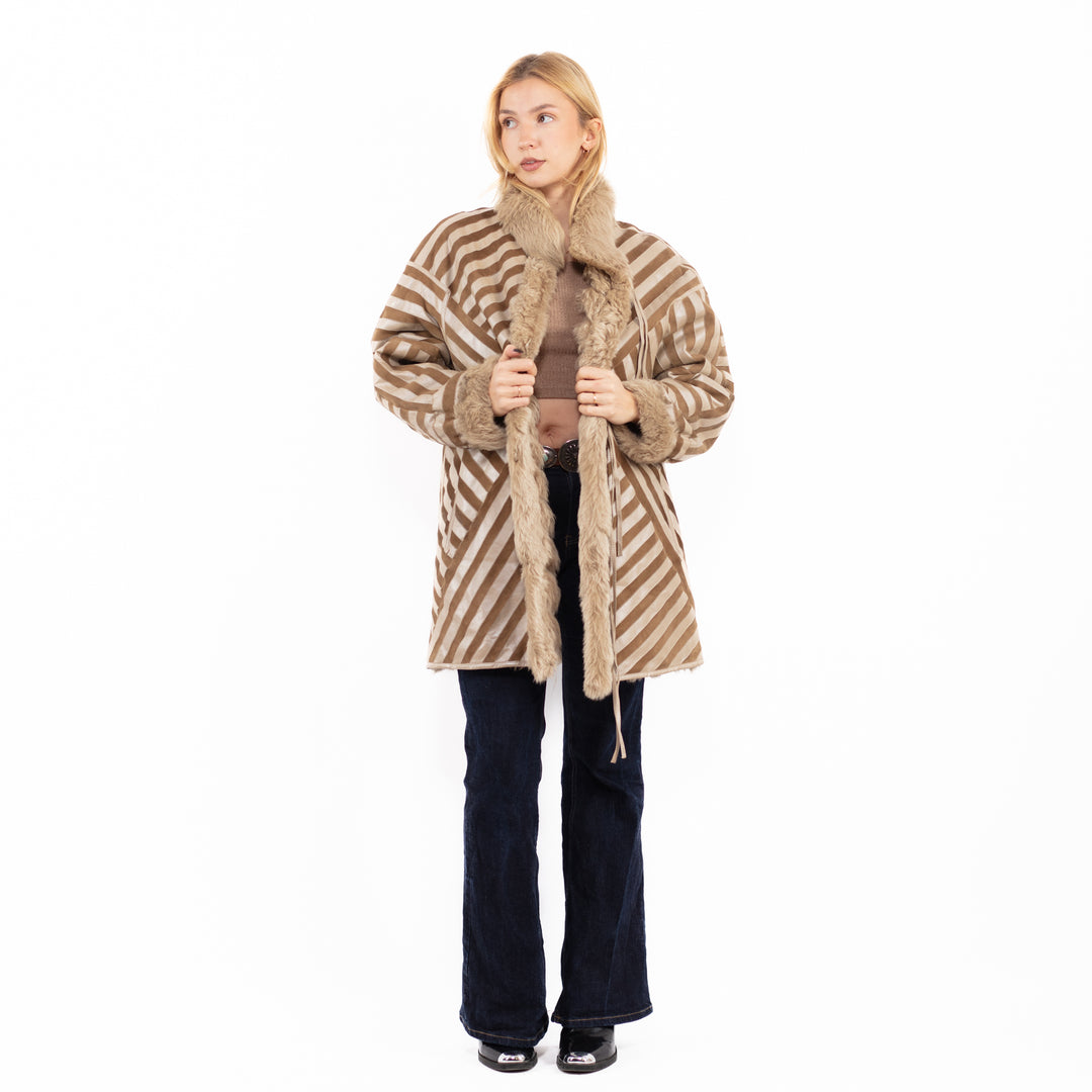 Vintage 80's Penny Lane Sheepskin Coat in Beige Brown