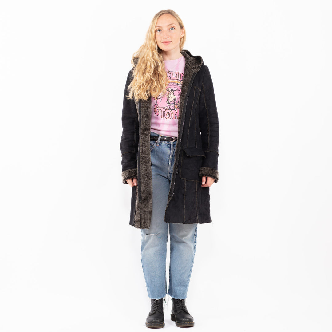 Vintage 90's Women Faux Sheepskin Coat in BlackA0512