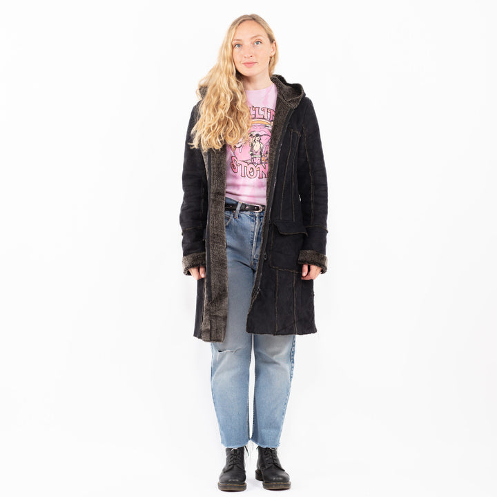 Vintage 90's Women Faux Sheepskin Coat in BlackA0512
