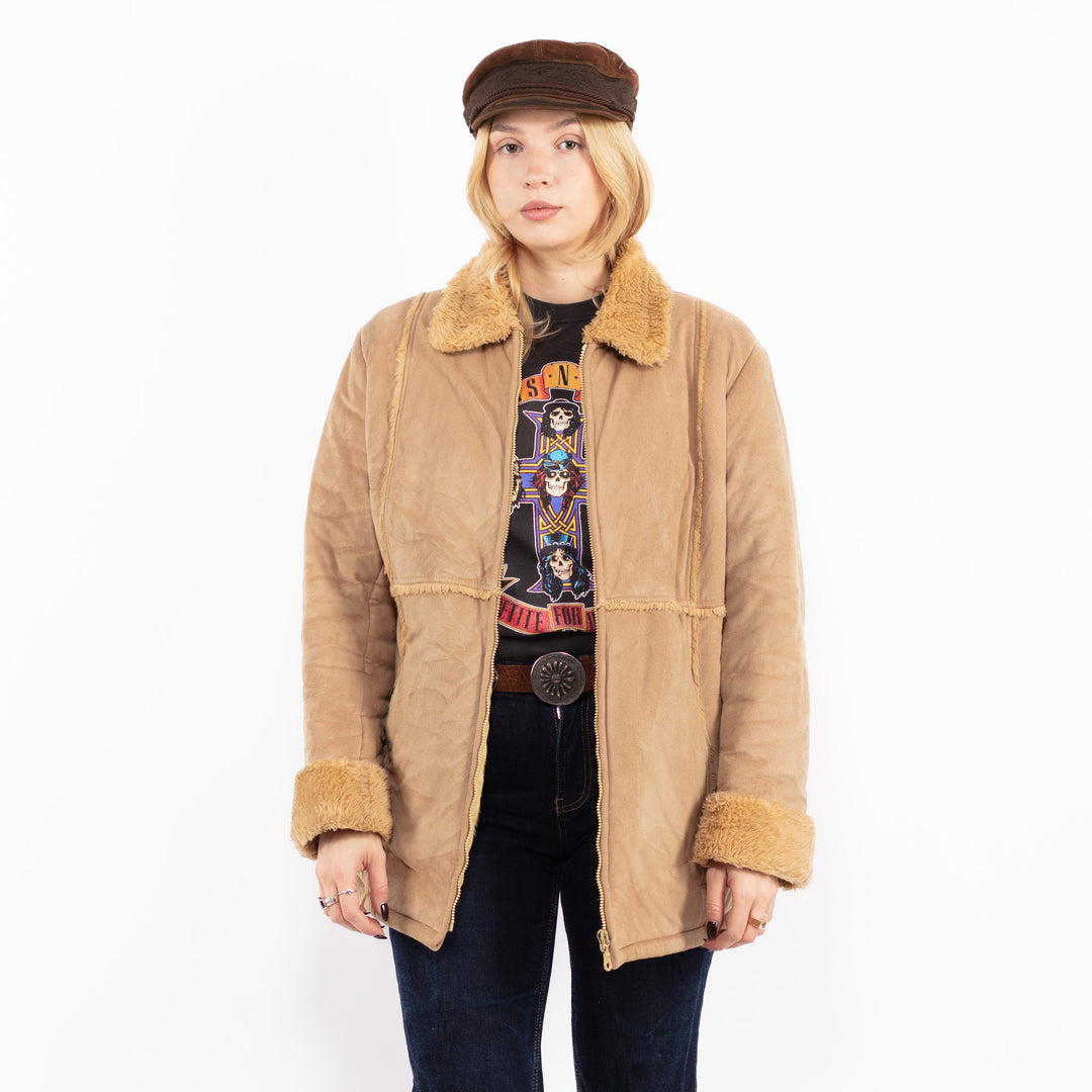 Vintage 90's Women Faux Sheepskin Coat in Beige