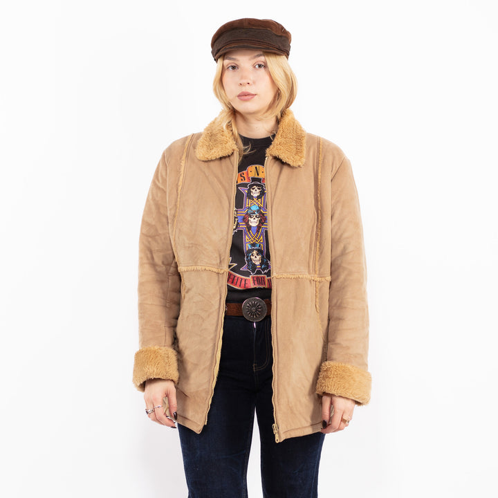 Vintage 90's Women Faux Sheepskin Coat in Beige