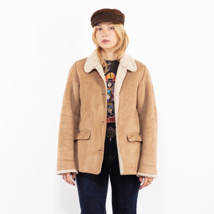 Vintage 90's Women Faux Sheepskin Jacket in Beige