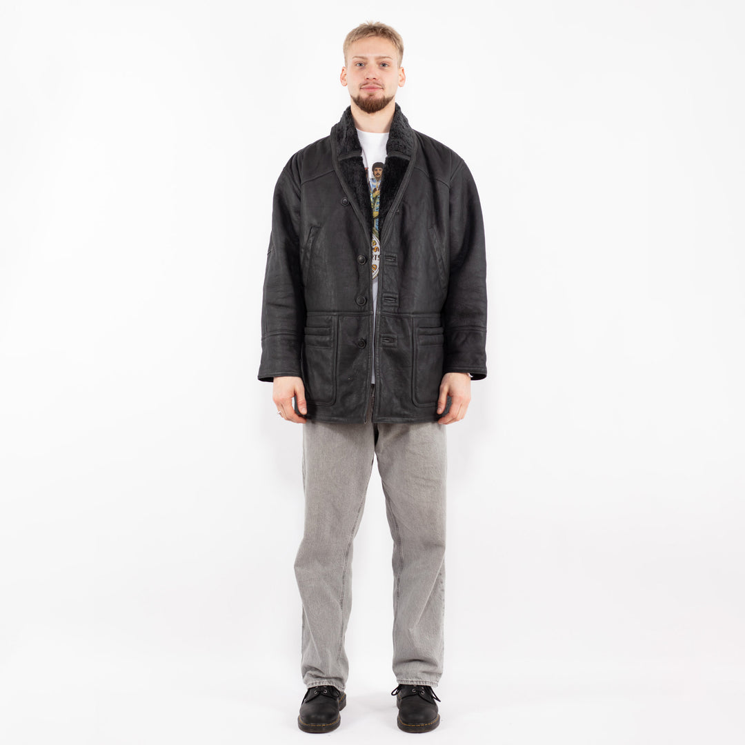 Vintage 80's Men Sheepskin Coat in Gray