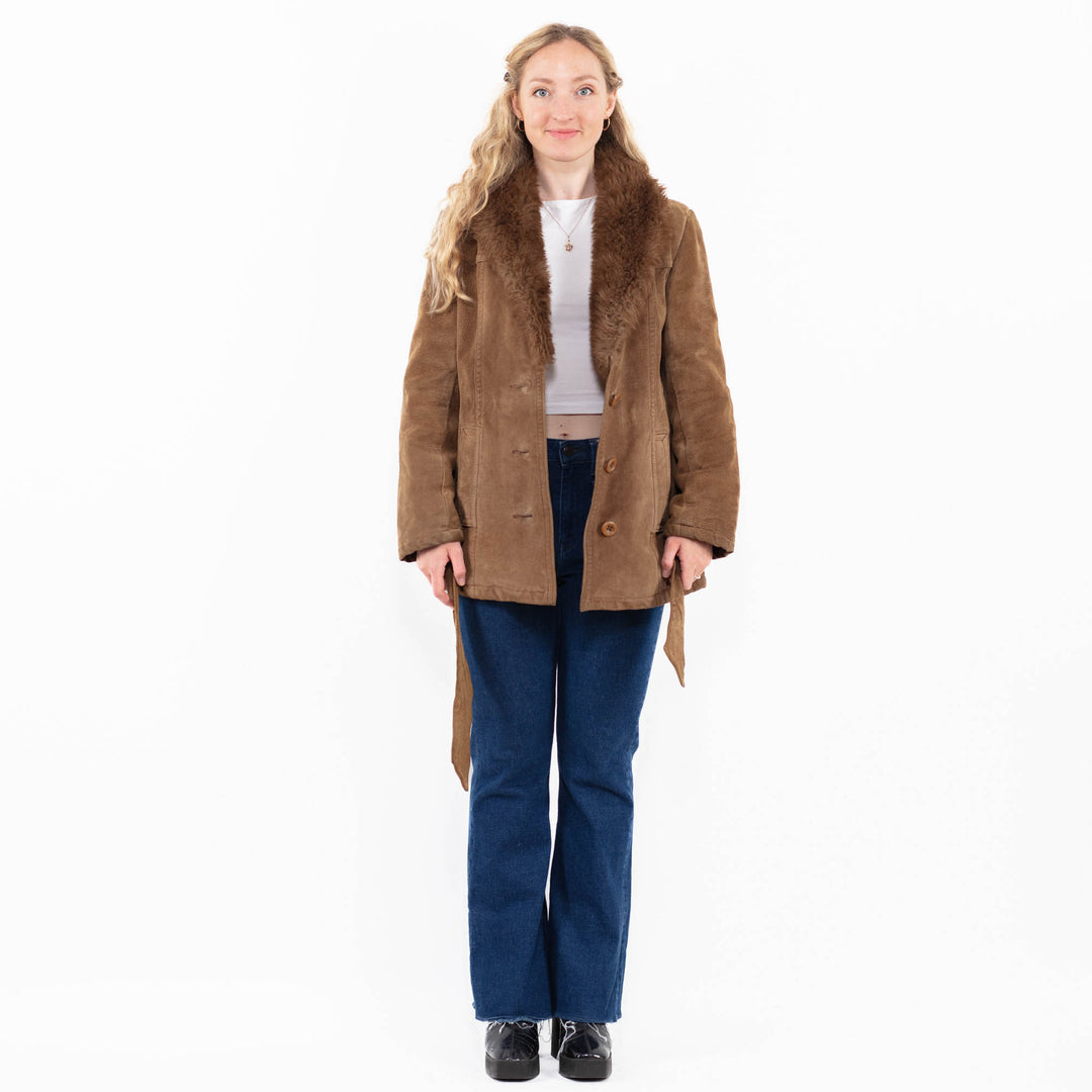 Vintage 70's Women Suede Sherpa Jacket in Beige