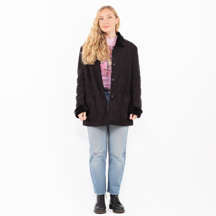 Vintage 90's Women Faux Sheepskin Coat in BlackA0515