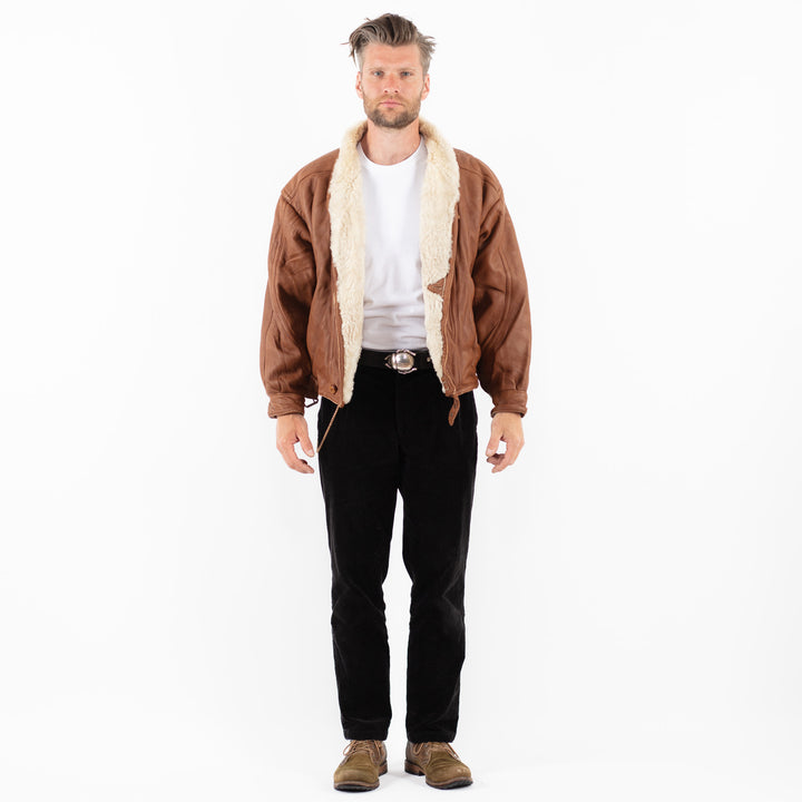 Vintage 80's Men Sheepskin Shearling Jacket in BrownZ1832