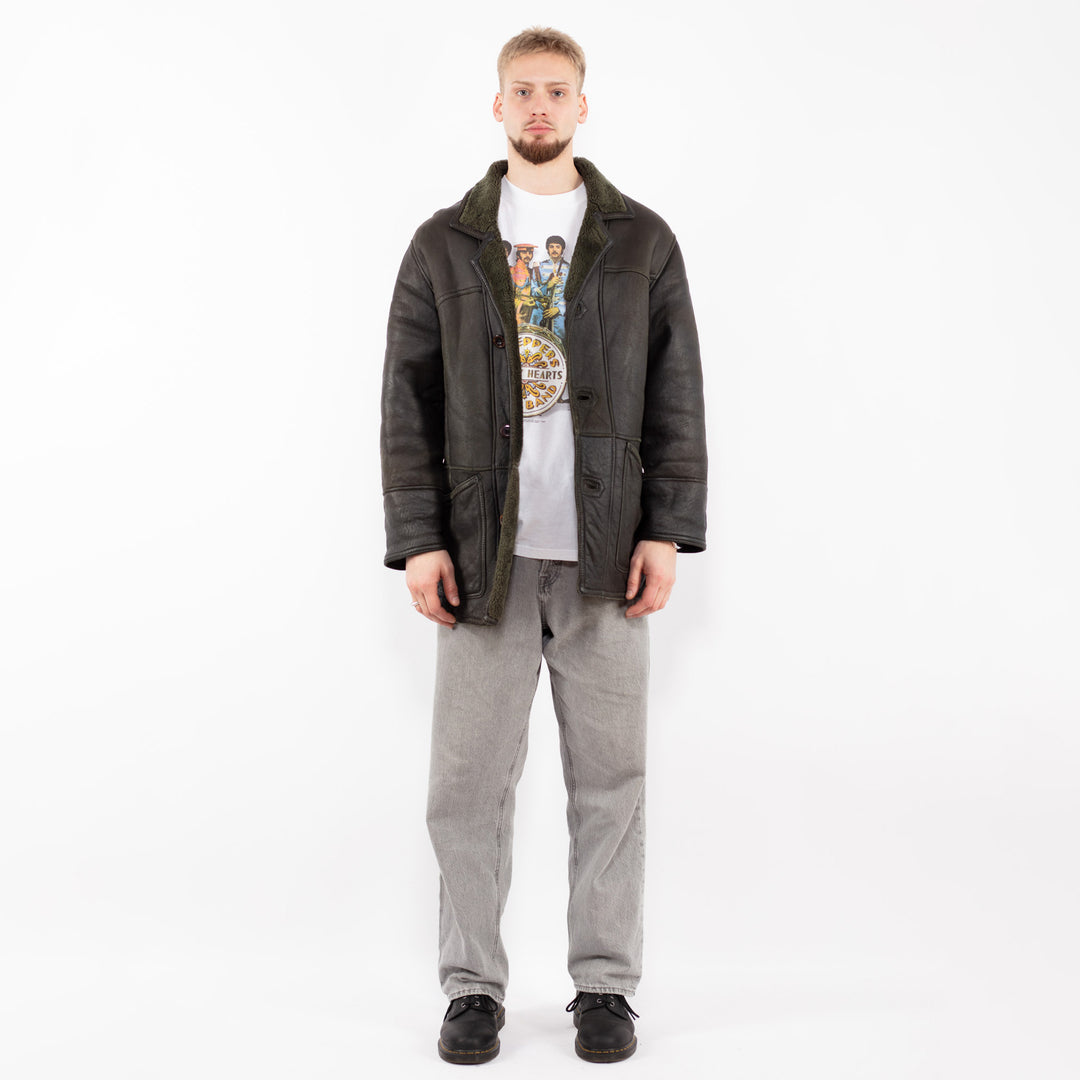 Vintage 70's Men Sheepskin Shearling Coat in Green