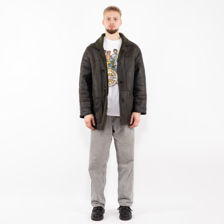Vintage 70's Men Sheepskin Shearling Coat in Green
