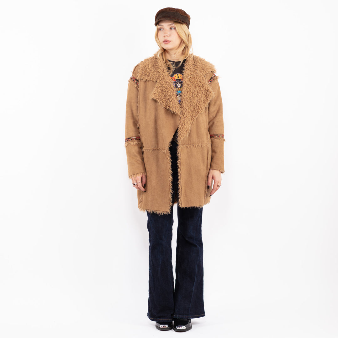 Vintage 00's Penny Lane Faux Sheepskin Coat in Beige