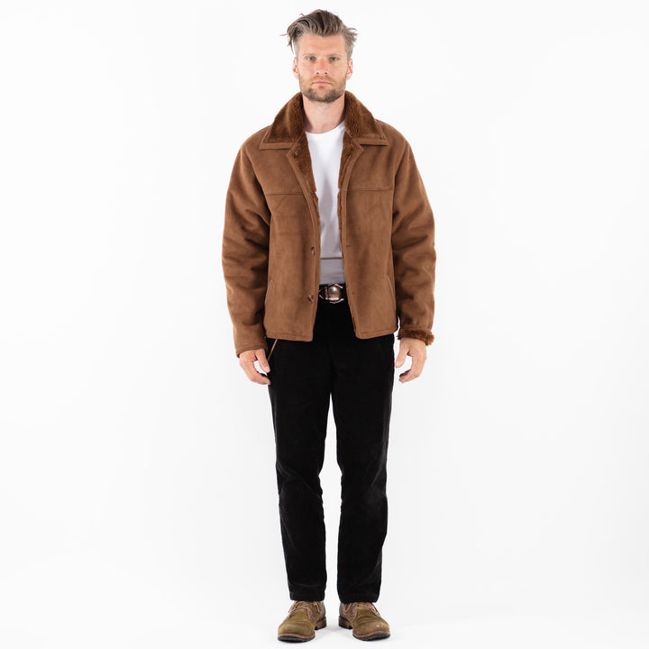 Vintage 90's Men Faux Sheepskin Jacket in BrownZ1834
