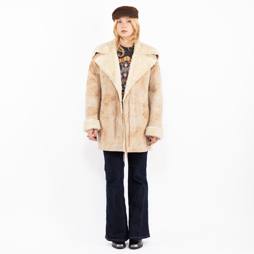 Vintage 90's Penny Lane Faux Sheepskin Coat in Beige