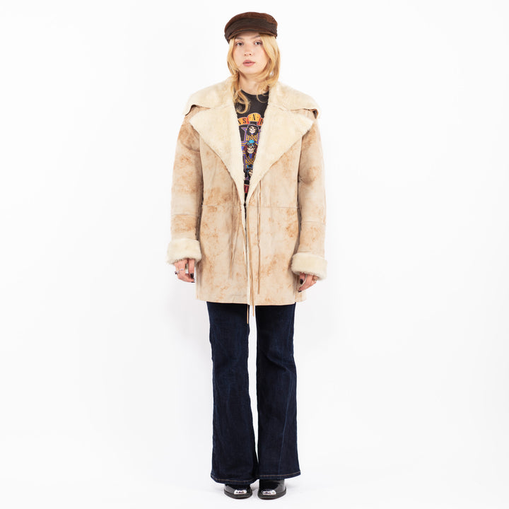 Vintage 90's Penny Lane Faux Sheepskin Coat in Beige