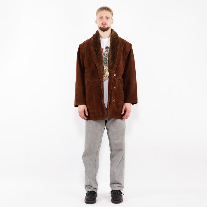 Vintage 90's Men Faux Sheepskin Coat in Brown