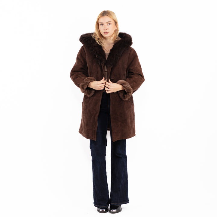 Vintage 70's Hooded Penny Lane Sheepskin Coat in Brown