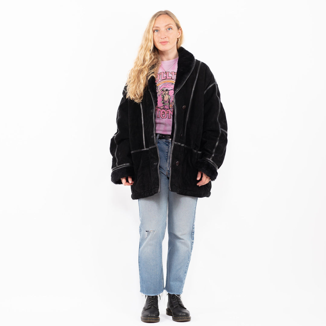 Vintage 90's Women Suede Sherpa Coat in BlackA0522