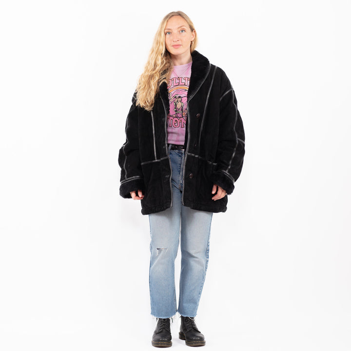 Vintage 90's Women Suede Sherpa Coat in BlackA0522