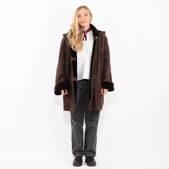 Vintage 80's Women Sheepskin Shearling Coat in BrownA0617