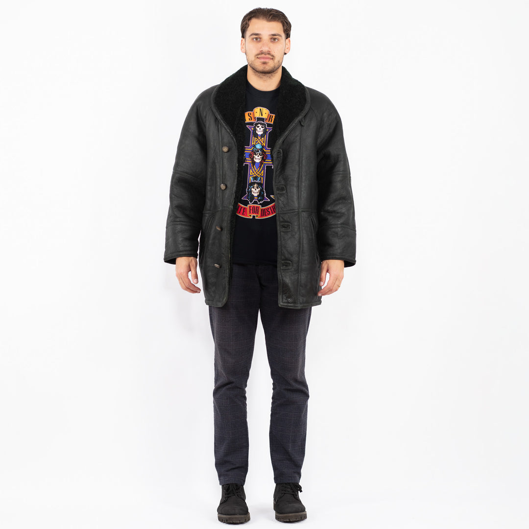 Vintage 80's Men Sheepskin Shearling Coat in BlackZ2379