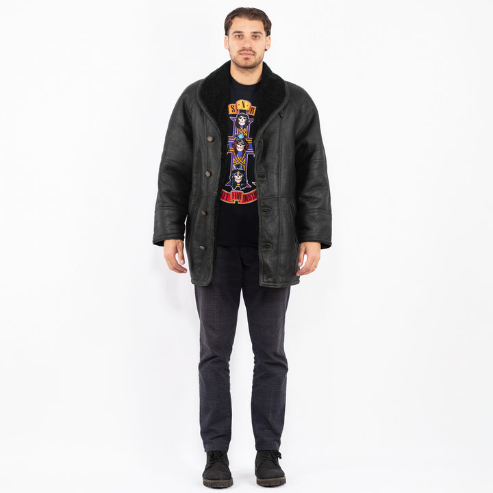 Vintage 80's Men Sheepskin Shearling Coat in BlackZ2379
