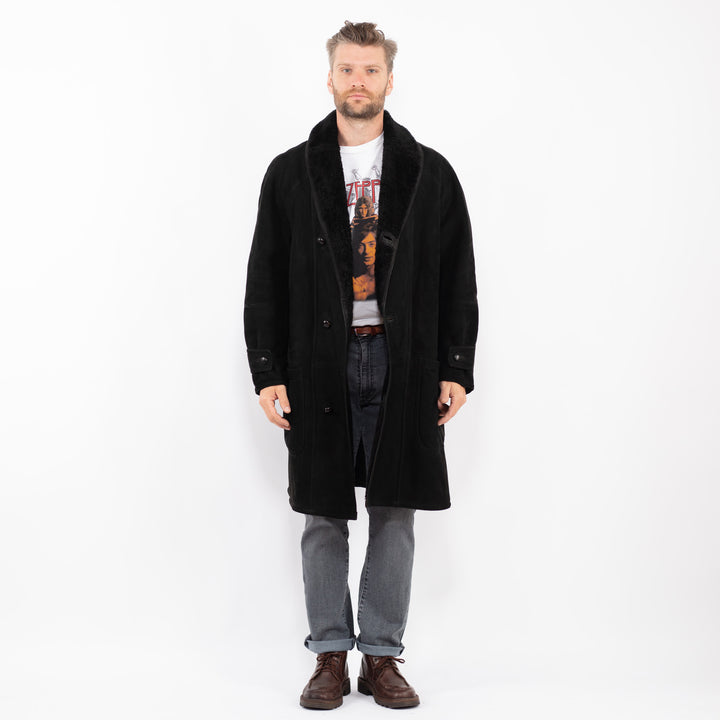 Vintage 80's Men Sheepskin Shearling Coat in BlackZ2288