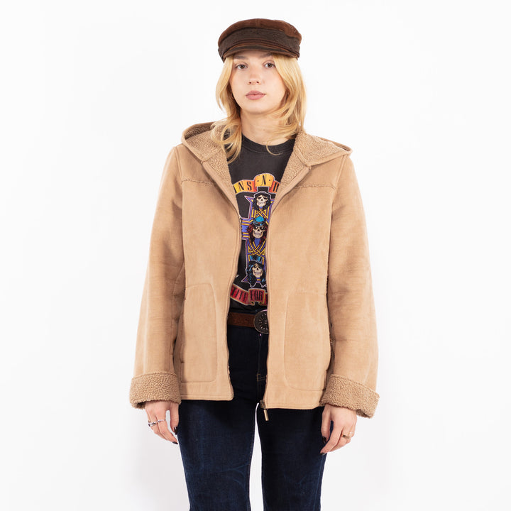 Vintage 00's Women Hooded Sherpa Jacket in Beige