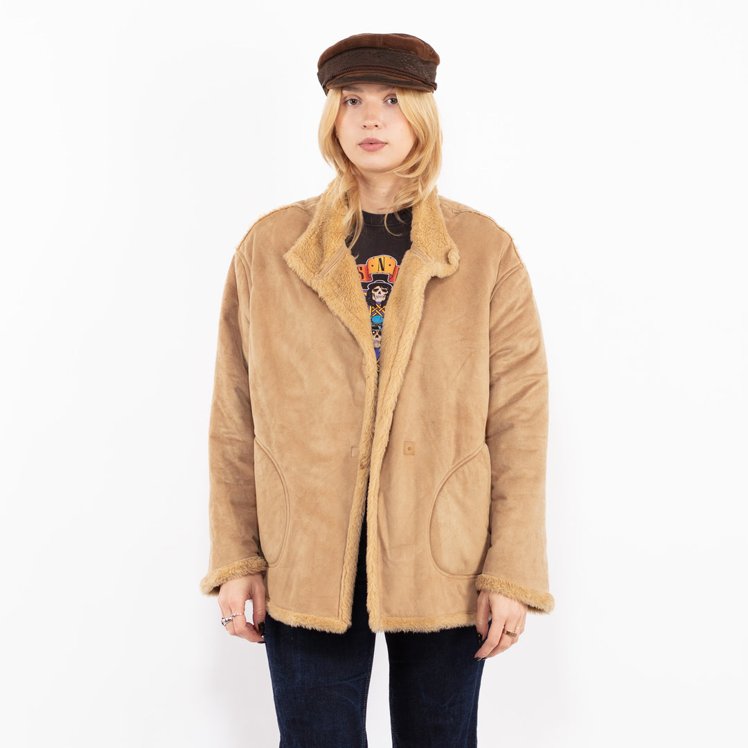 Vintage 90's Women Faux Sheepskin Jacket in Beige