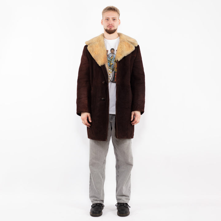 Vintage 70's Men Sheepskin Shearling Coat in Brown