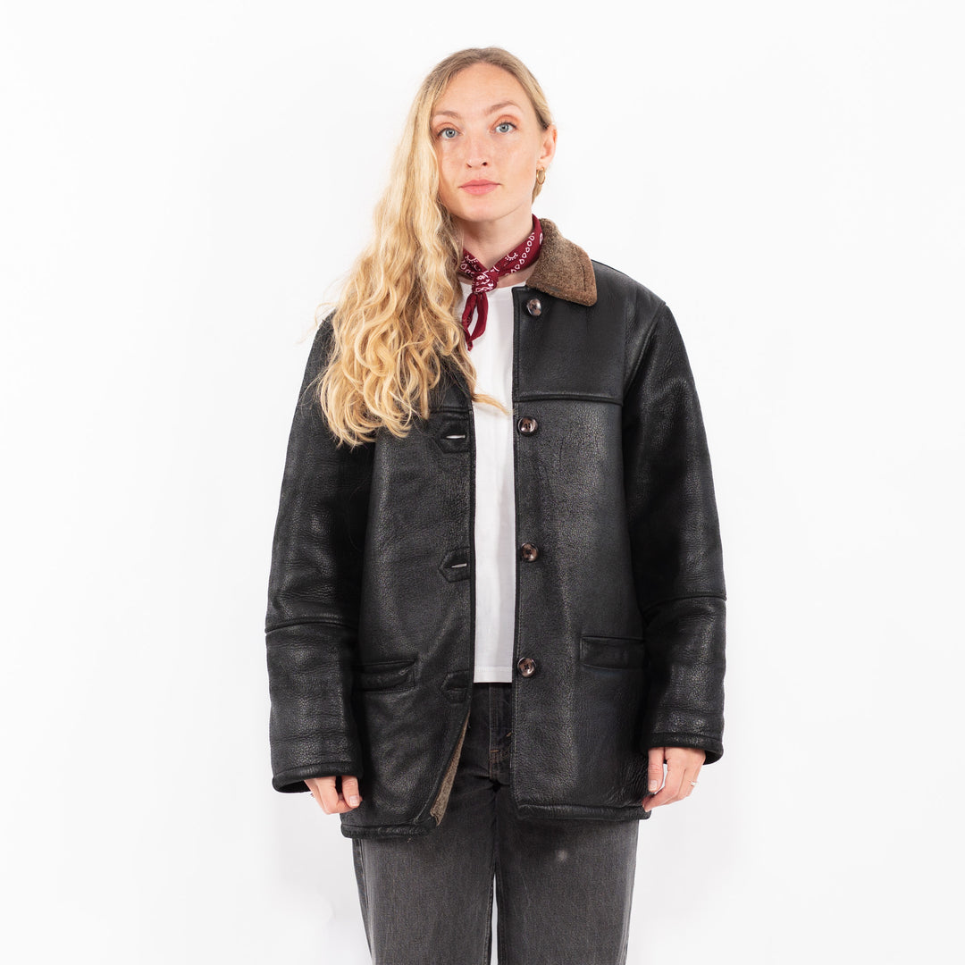Vintage 90's Women Sheepskin Shearling Coat in BlackA0621