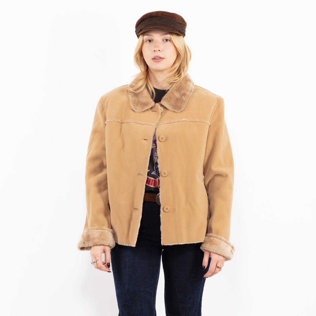 Vintage 90's Women Faux Sheepskin Jacket in Beige