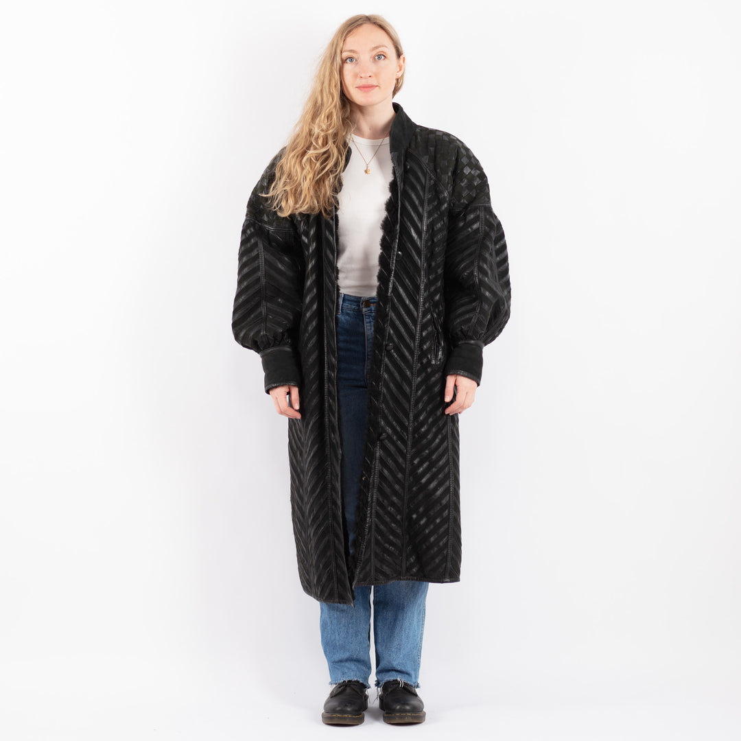 Vintage 80's Women Sheepskin Shearling Coat in BlackV9469