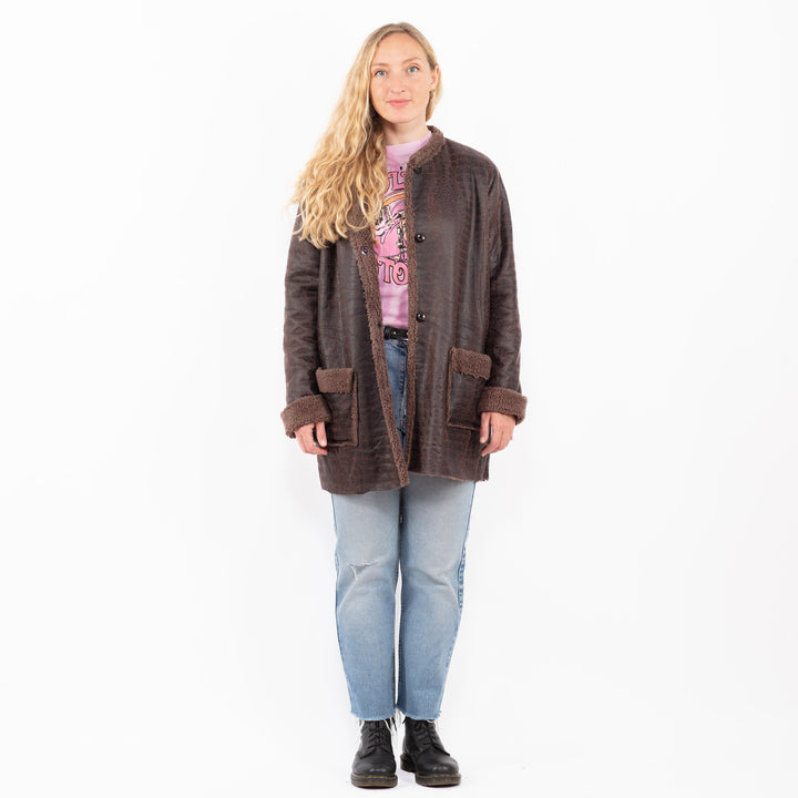 Vintage 90's Women Faux Sheepskin Coat in BrownA0528
