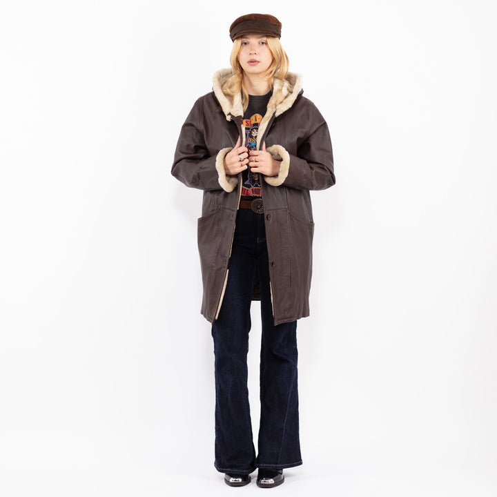 Vintage 90's Women Hooded Leather Sherpa Coat in Brown