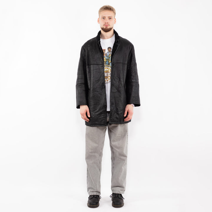 Vintage 90's Men Sheepskin Leather Coat in Black