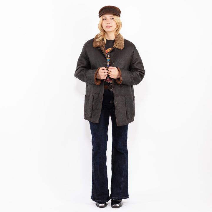 Vintage 90's Women Sheepskin Leather Coat in Brown