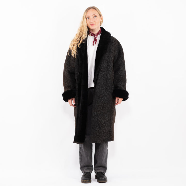 Vintage 90's Women Faux Sheepskin Coat in BlackA0624