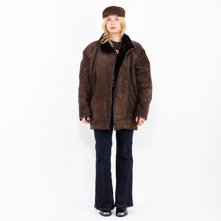 Vintage 90's Women Suede Sherpa Coat in Brown