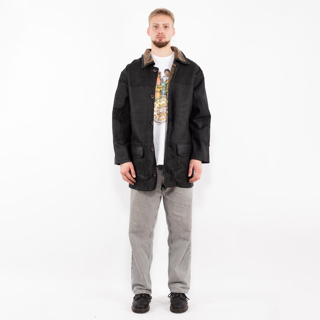 Vintage 90's Men Sheepskin Leather Coat in Black