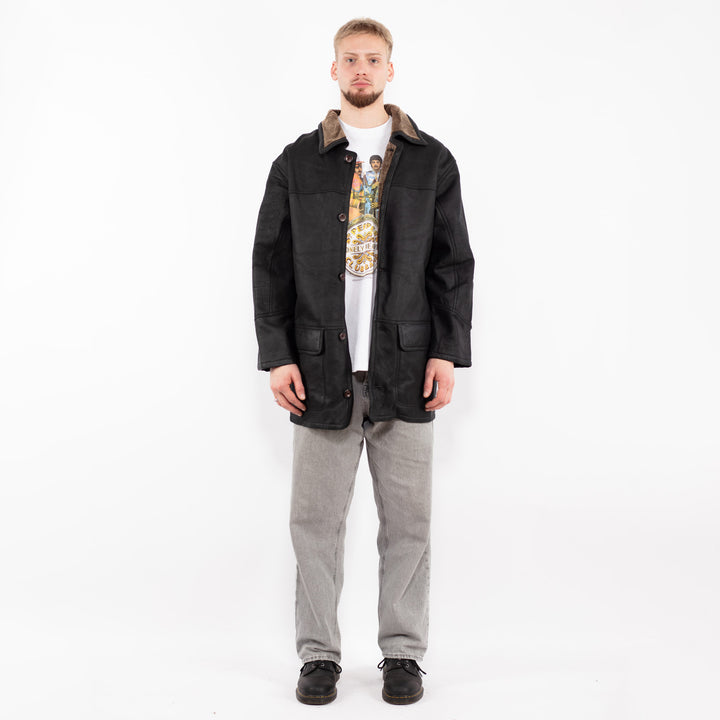 Vintage 90's Men Sheepskin Leather Coat in Black