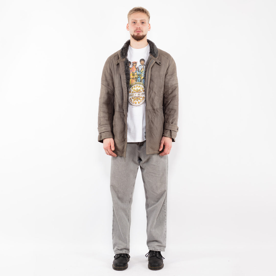 Vintage 80's Men Sheepskin Jacket in Gray