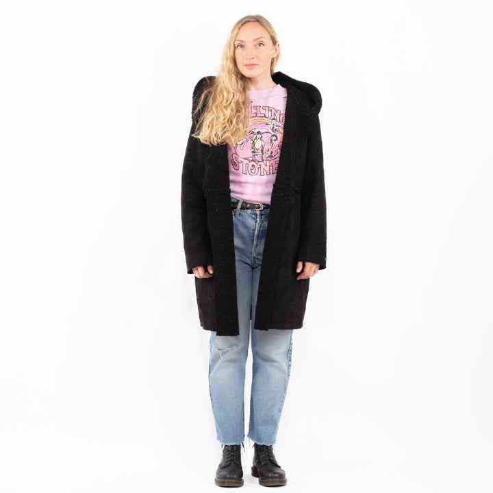 Vintage 90's Women Faux Sheepskin Coat in BlackA0533